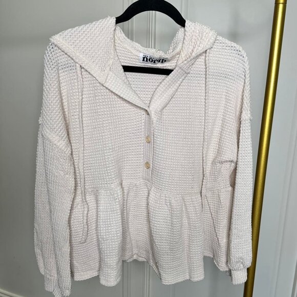 Tops - Beige Waffle Knit Babydoll Peplum Henley Hoodie
